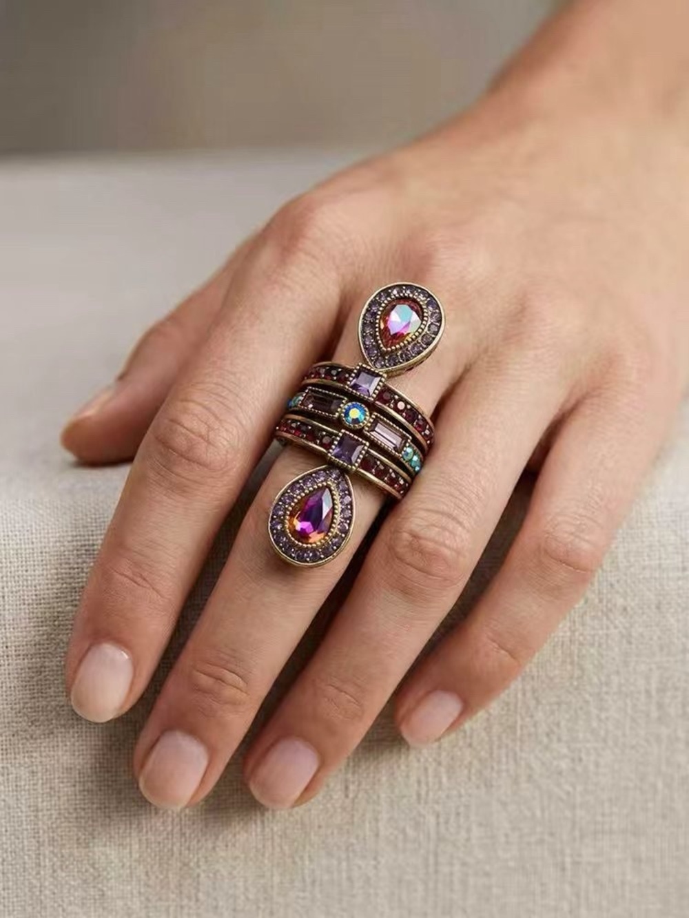 3 in one Bohemian Multi-Stone Open Double Ring in Purple size 9
